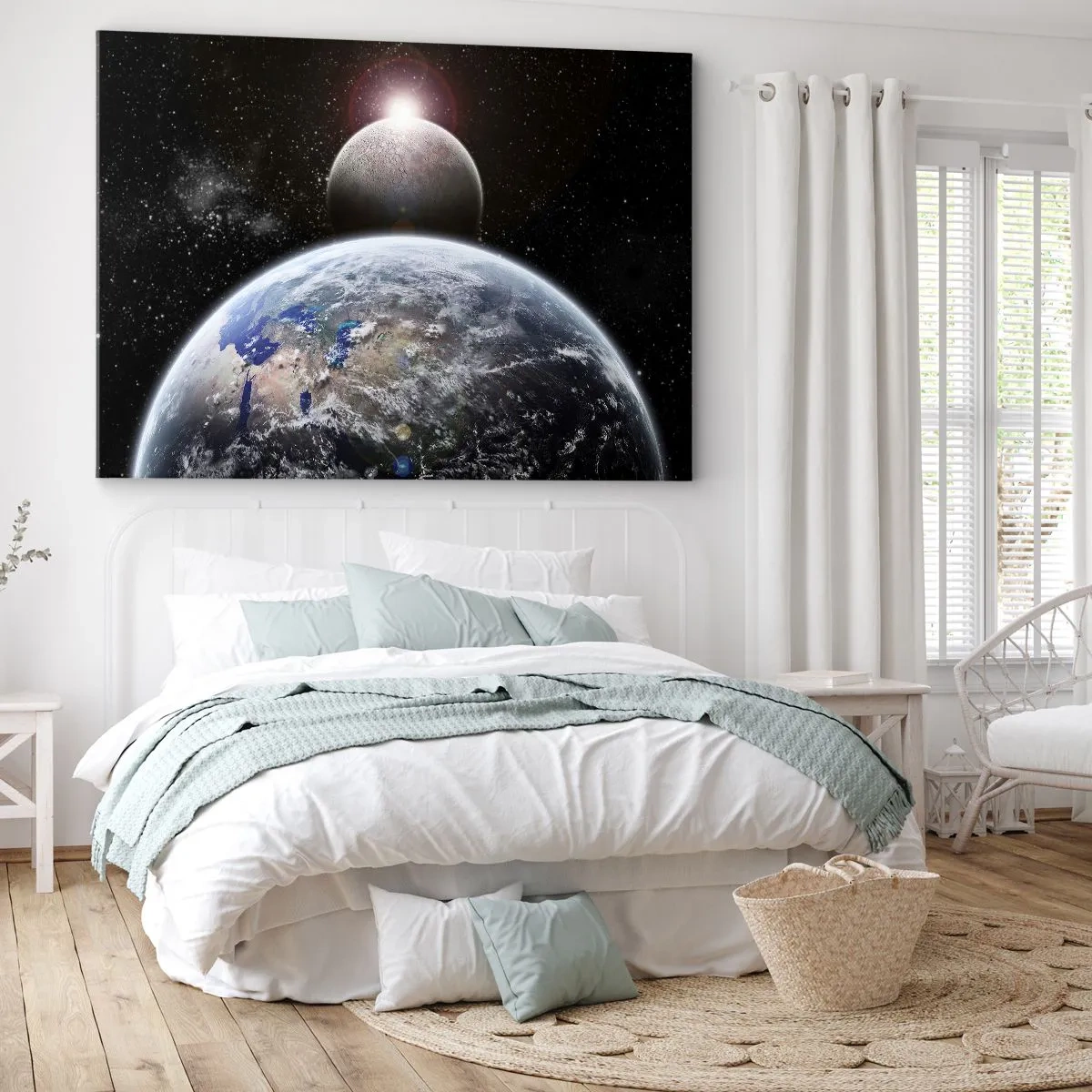 Obraz na plátně - Planeta Země a Měsíc na pozadí hvězdného vesmíru. - 70x50cm - Vesmírná krajina - východ slunce - Moderní nástěnná dekorace do obývacího pokoje a ložnice ARTTOR