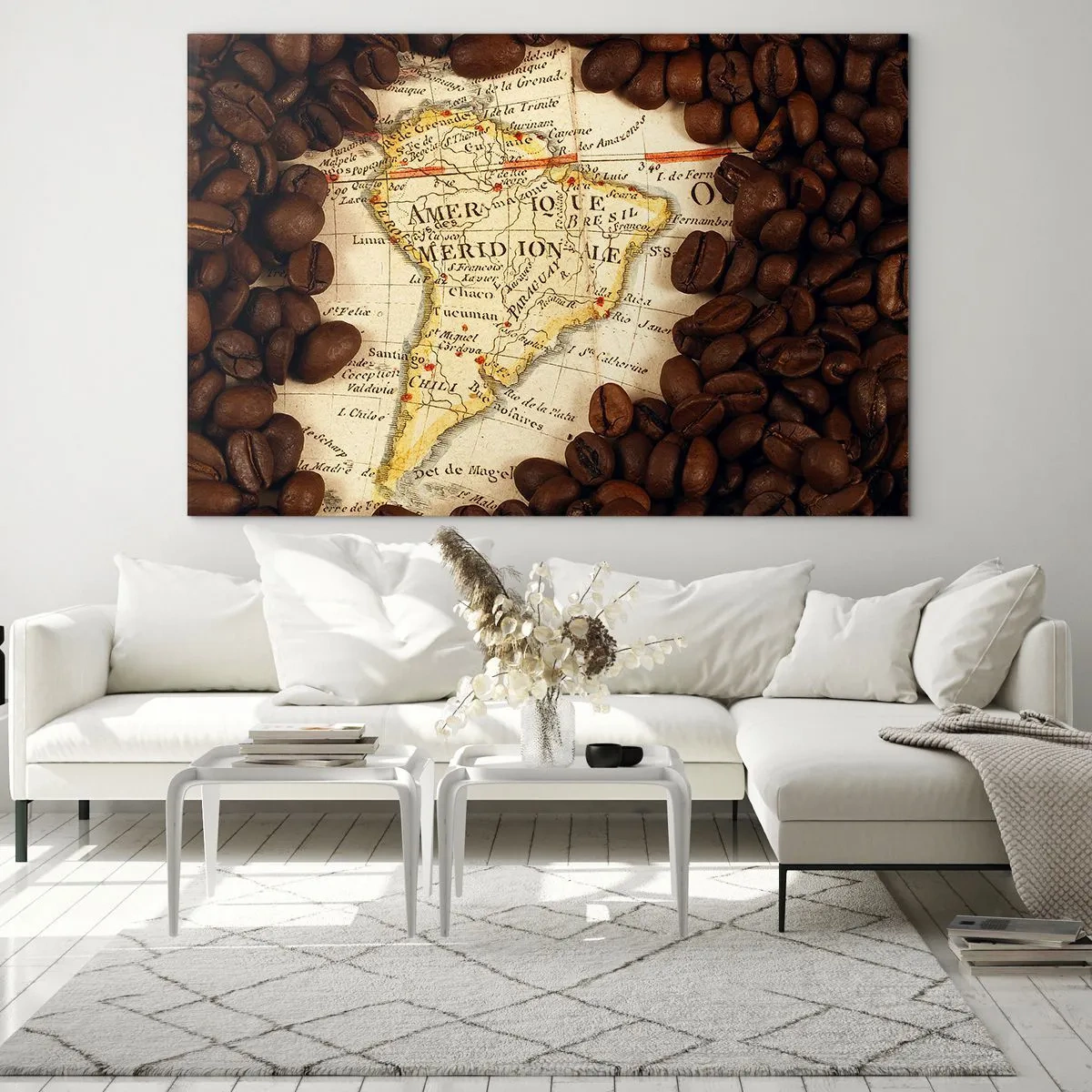 Obraz na skle - Mapa Jižní Ameriky obklopená kávovými zrny. - 70x50cm - Odkud je nejlepší káva? - Moderní nástěnná dekorace do obývacího pokoje a ložnice ARTTOR