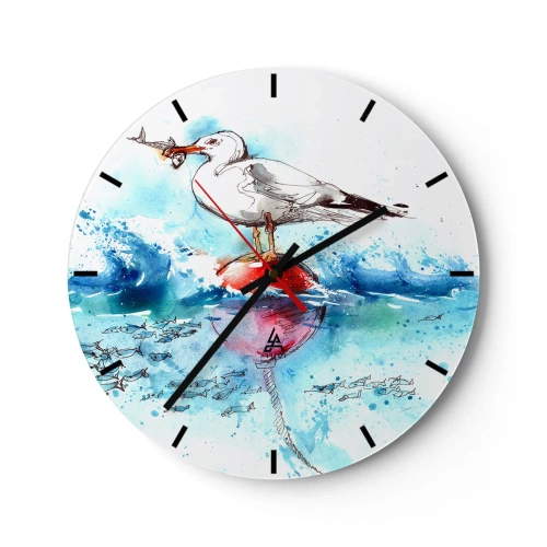 Nástěnné hodiny - Racek s rybou na bóji mezi vlnami, zobrazený ve stylu akvarelu - 30x30cm - Vydařený rybolov - Moderní nástěnná dekorace do obývacího pokoje, kuchyně a ložnice ARTTOR