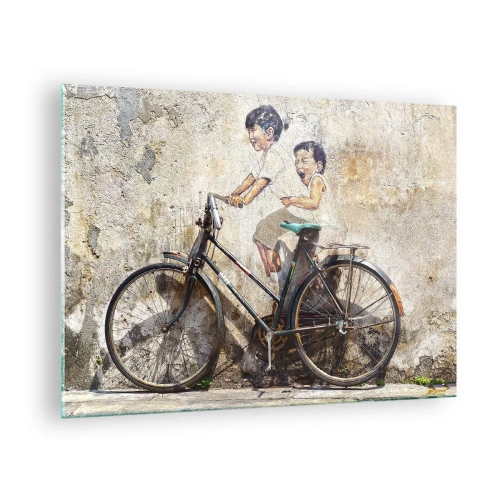 Obraz na skle - Nástěnná malba s kolem a postavami dětí na pozadí zdi. - 70x50cm - Pravda nebo klam? - Moderní nástěnná dekorace do obývacího pokoje a ložnice ARTTOR