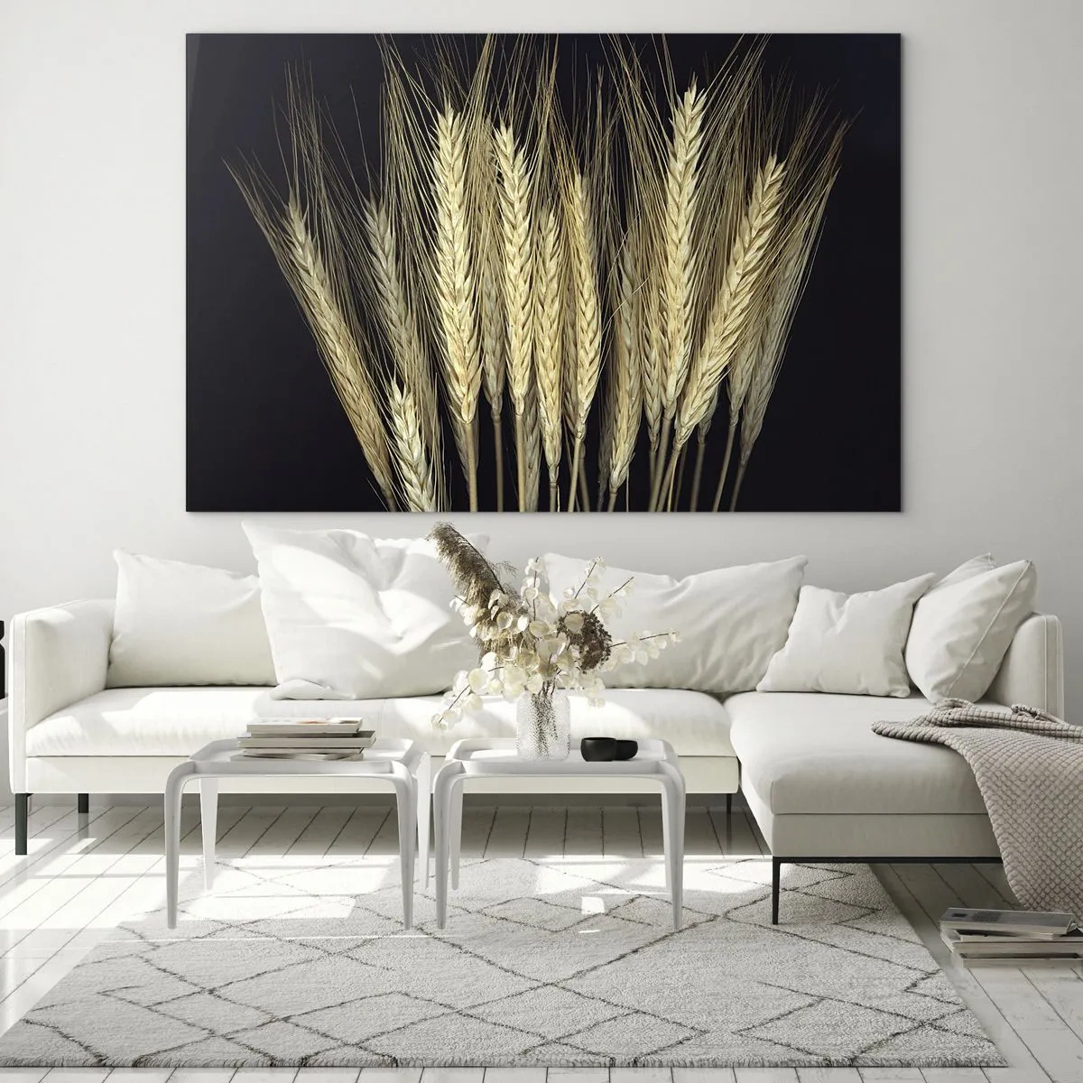 Obraz na skle - Obilí v teplých tónech na černém pozadí - 70x50cm - Rustikální magie - Moderní nástěnná dekorace do obývacího pokoje a ložnice ARTTOR