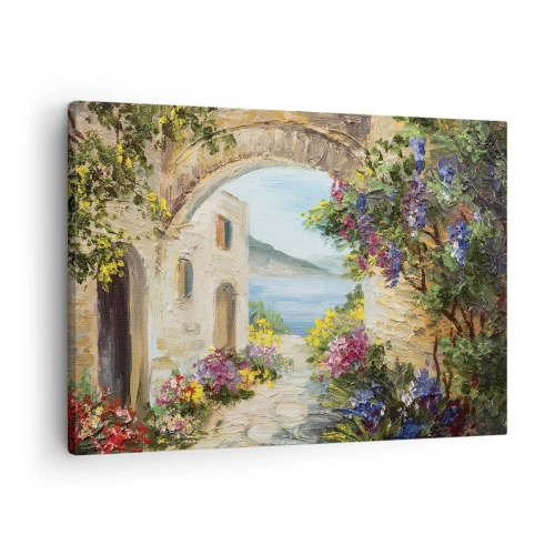 Obraz na plátně - Přímořská krajina s kamennými budovami a květinami - 70x50cm - Půvab pobřežní krajiny - Moderní nástěnná dekorace do obývacího pokoje a ložnice ARTTOR