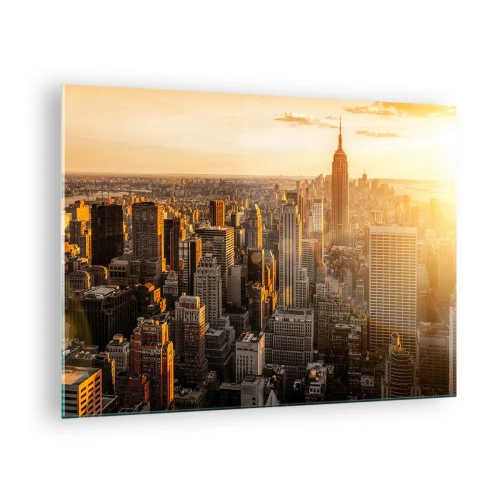 Obraz na skle - Panorama New Yorku při západu slunce - 70x50cm - Růst na slunci - Moderní nástěnná dekorace do obývacího pokoje a ložnice ARTTOR