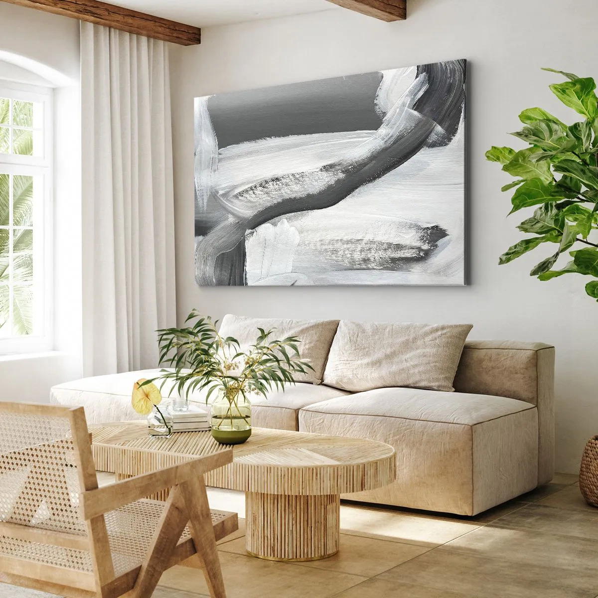 Obraz na plátně - Šedá a bílá abstrakce s dynamickými liniemi - 70x50cm - Pevným pohybem - Moderní nástěnná dekorace do obývacího pokoje a ložnice ARTTOR