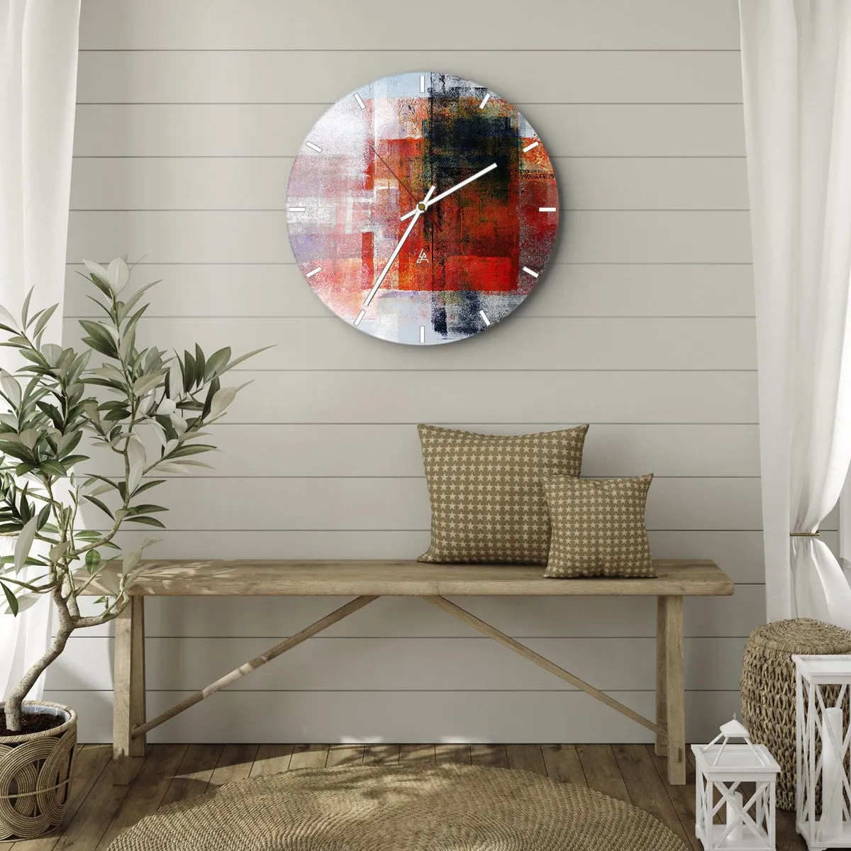 Nástěnné hodiny - Abstraktní geometrické tvary v odstínech červené - 30x30cm - Zářící kompozice - Moderní nástěnná dekorace do obývacího pokoje, kuchyně a ložnice ARTTOR