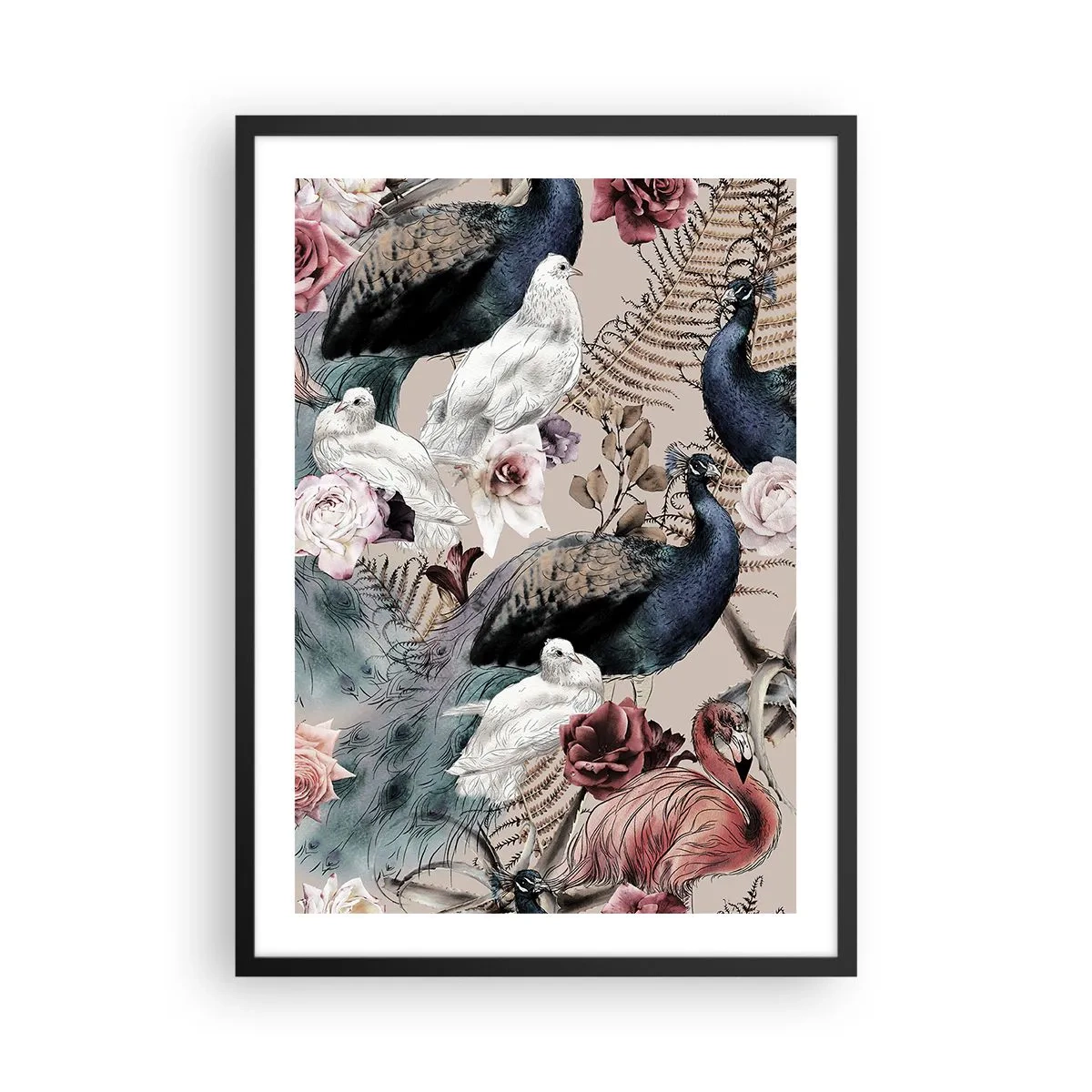 Plakát v černém rámu - Barevní ptáci a květiny na béžovém pozadí - 50x70cm - V palácové zahradě - Moderní nástěnná dekorace do obývacího pokoje a ložnice ARTTOR