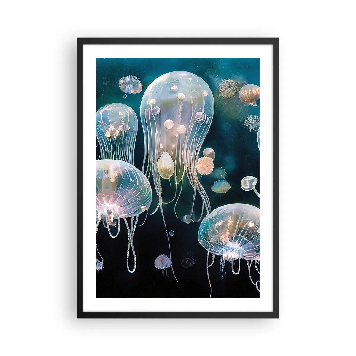 Plakát v černém rámu - Jemné medúzy plovoucí v moři - 50x70cm - Podvodní ples - Moderní nástěnná dekorace do obývacího pokoje a ložnice ARTTOR
