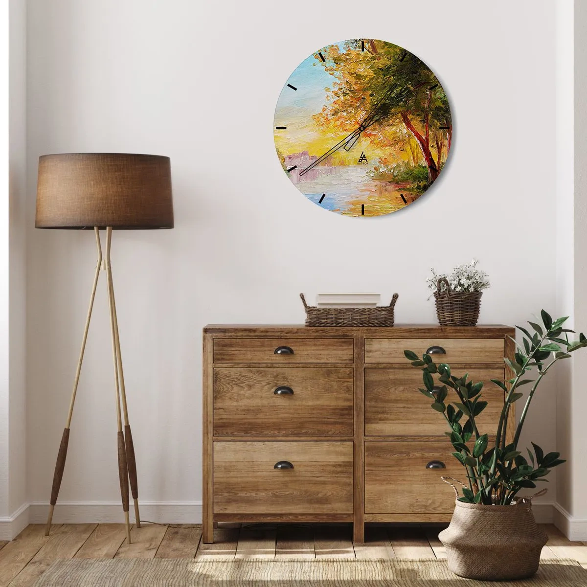 Nástěnné hodiny - Podzimní stromy u řeky v teplém slunečním světle - 30x30cm - Et in Arcadia ego - Moderní nástěnná dekorace do obývacího pokoje, kuchyně a ložnice ARTTOR