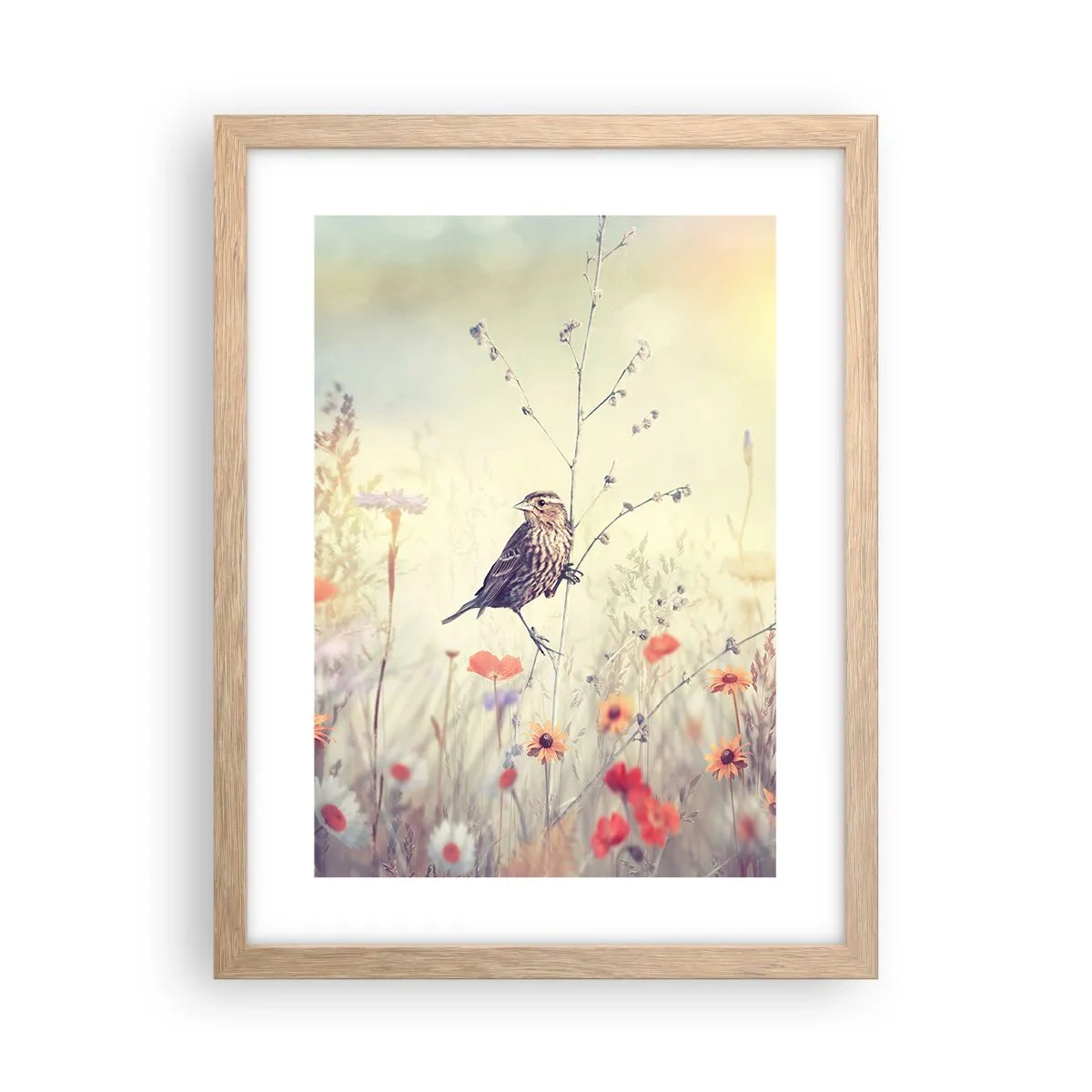 Plakát v rámu světlý dub - Portrét ptáka s loukou v pozadí - 30x40 cm