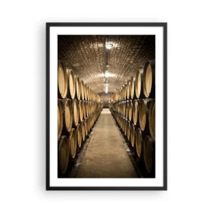 Plakát v černém rámu - Sklep plný vinných sudů - 50x70cm - V cihlovém sklepě - Moderní nástěnná dekorace do obývacího pokoje a ložnice ARTTOR