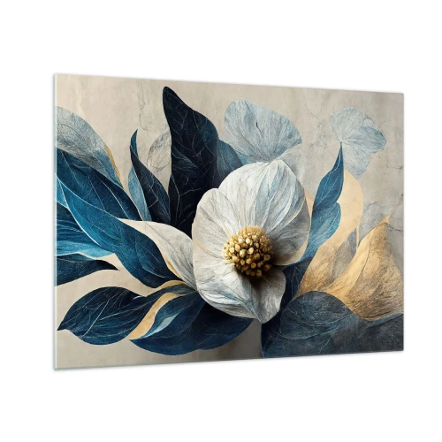 Obraz na skle - Bílá květinová výzdoba s tmavě modrými listy a zlatým středem - 70x50cm - Zlaté srdce - Moderní nástěnná dekorace do obývacího pokoje a ložnice ARTTOR