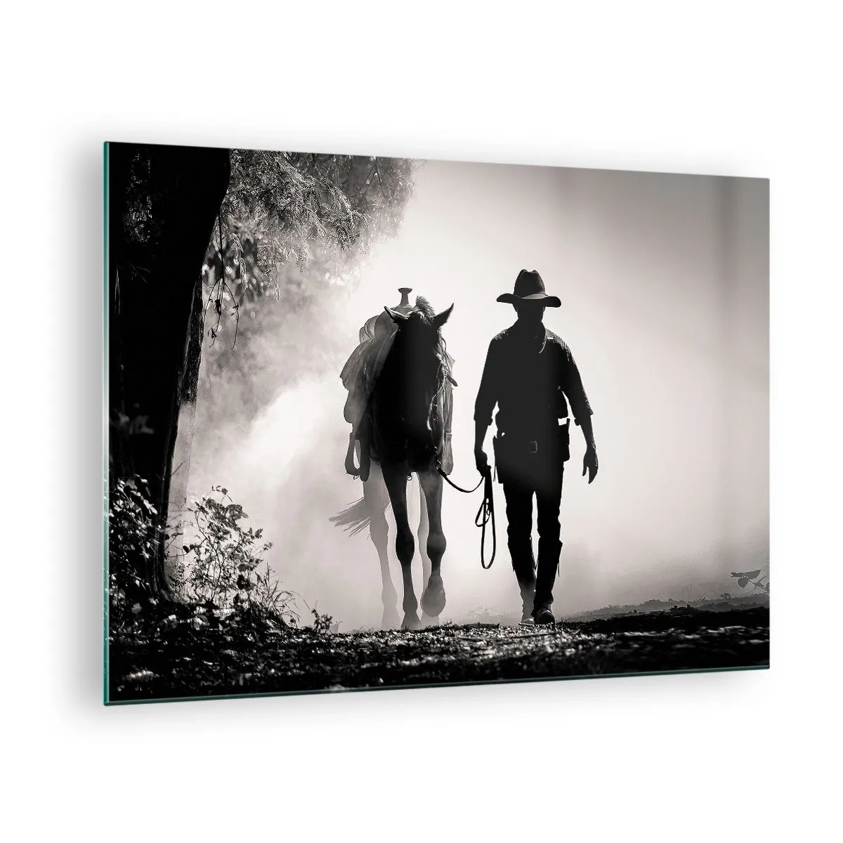Obraz na skle - Silueta kovboje vedoucího koně mlhavou krajinou - 70x50cm - Texaské ráno - Moderní nástěnná dekorace do obývacího pokoje a ložnice ARTTOR