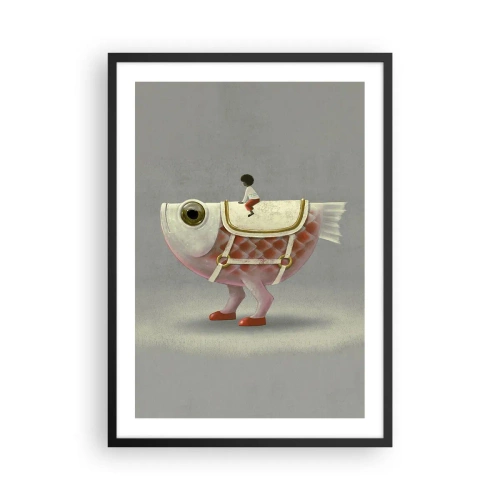 Plakát v černém rámu - Fantastická ryba se sedlem a postavou na šedém pozadí - 50x70cm - Rybí jezdec - Moderní nástěnná dekorace do obývacího pokoje a ložnice ARTTOR