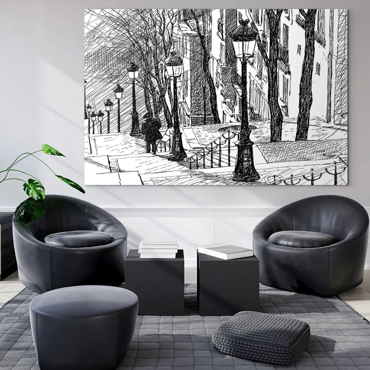 Obraz na skle - Černobílá kresba městské ulice s lucernami - 70x50cm - Milostný příběh nebo horor? - Moderní nástěnná dekorace do obývacího pokoje a ložnice ARTTOR