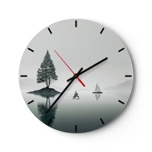 Nástěnné hodiny - Minimalistická krajina s ostrovem, stromem a plachetnicí na vodě. - 30x30cm - Snění - Moderní nástěnná dekorace do obývacího pokoje, kuchyně a ložnice ARTTOR