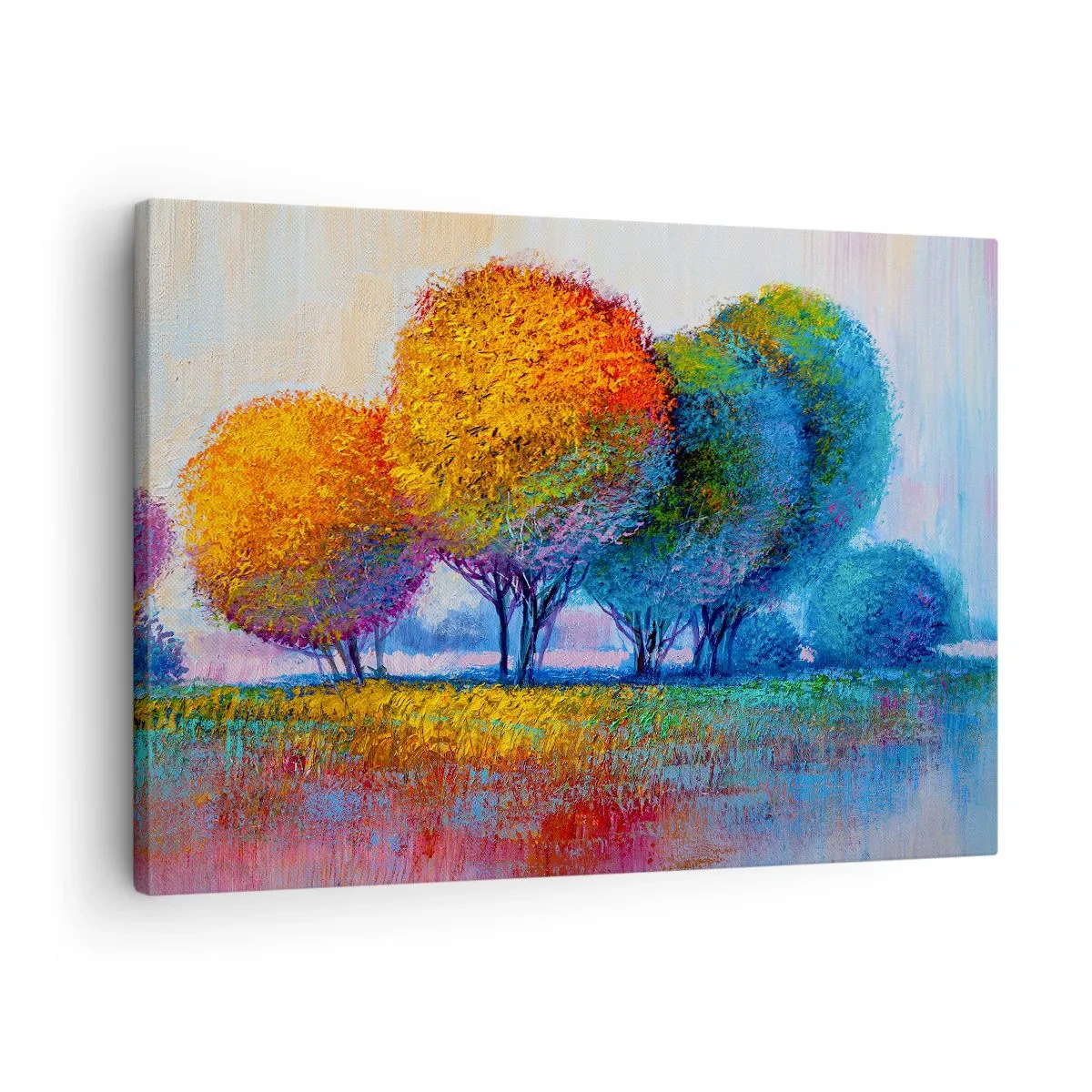 Obraz na plátně - Barevné stromy v impresionistické krajině - 70x50cm - Trs zářivých barev - Moderní nástěnná dekorace do obývacího pokoje a ložnice ARTTOR
