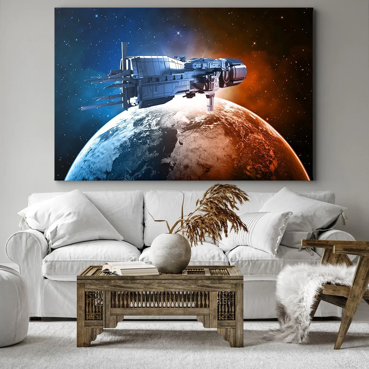 Obraz na plátně - Kosmická loď na pozadí planety ve vesmíru - 70x50cm - Pozorný pozorovatel - Moderní nástěnná dekorace do obývacího pokoje a ložnice ARTTOR