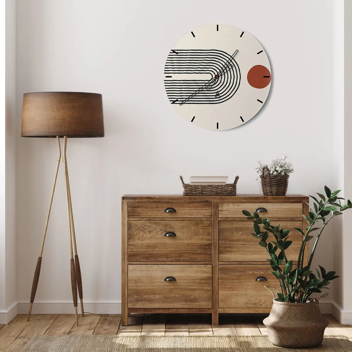 Nástěnné hodiny - Geometrická abstrakce s pruhy a barevnými bloky na světlém pozadí - 30x30cm - Magnetismus tvarů a barev - Moderní nástěnná dekorace do obývacího pokoje, kuchyně a ložnice ARTTOR