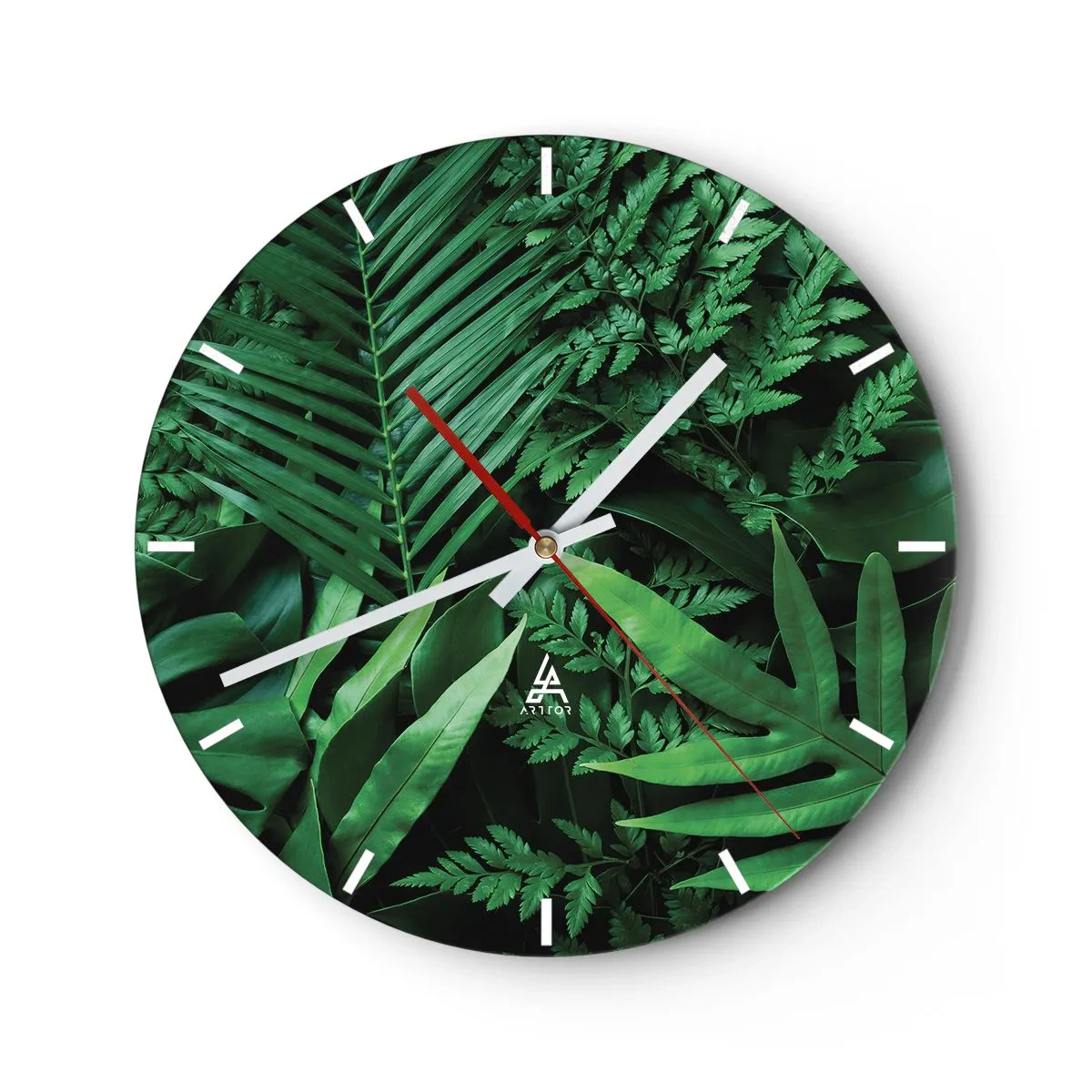 Nástěnné hodiny - Tropické zelené listy vytvářejí hustou, přirozenou kompozici - 30x30cm - Objaté v zeleni - Moderní nástěnná dekorace do obývacího pokoje, kuchyně a ložnice ARTTOR