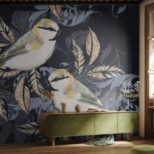 Fototapeta Standard Eco - Ilustrace ptáků na tmavém pozadí s ornamenty - 100x70cm - Žlutomodrá píseň - Moderní nástěnná dekorace do obývacího pokoje a ložnice ARTTOR