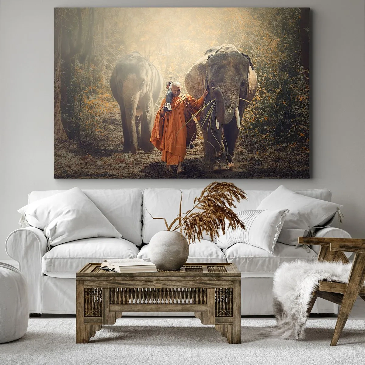 Obraz na plátně - Mnich v oranžovém rouchu vede slona v lese. - 70x50cm - Plné pochopení - Moderní nástěnná dekorace do obývacího pokoje a ložnice ARTTOR