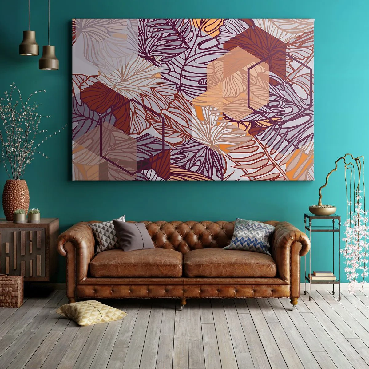 Obraz na plátně - Dekorativní tropický listový vzor v odstínech fialové, oranžové a béžové. - 70x50cm - Nemožný vztah mezi geometrií a přírodou - Moderní nástěnná dekorace do obývacího pokoje a ložnice ARTTOR