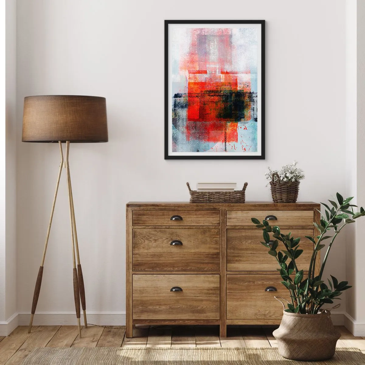 Plakát v černém rámu - Geometrická abstrakce v intenzivních odstínech červené - 50x70cm - Zářící kompozice - Moderní nástěnná dekorace do obývacího pokoje a ložnice ARTTOR