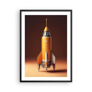 Plakát v černém rámu - Moderní vesmírná raketa na pozadí teplých barev. - 50x70cm - Začíná to snem - Moderní nástěnná dekorace do obývacího pokoje a ložnice ARTTOR