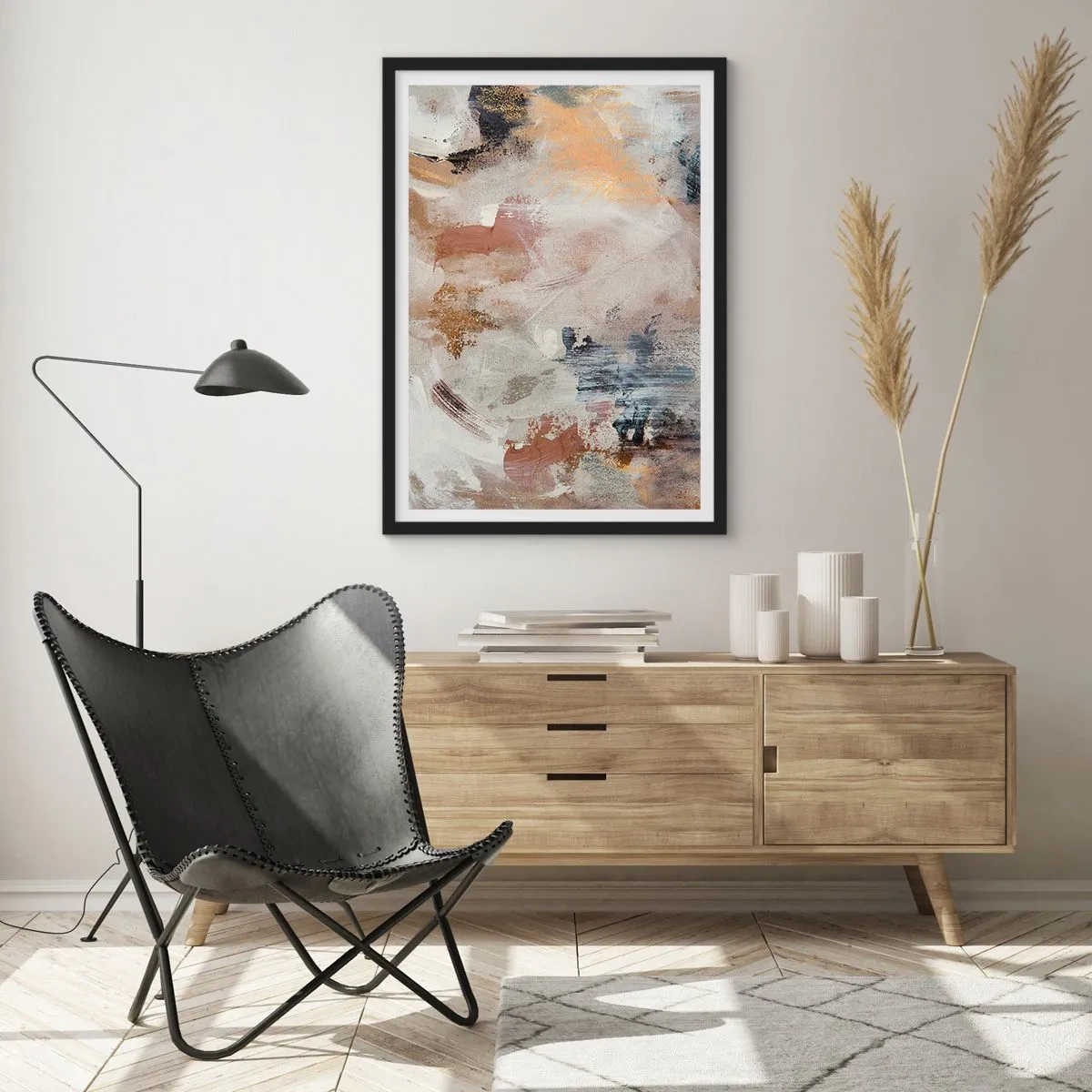 Plakát v černém rámu - Abstraktní kompozice v teplých, zemitých barvách. - 50x70cm - Mlhavá abstrakce - Moderní nástěnná dekorace do obývacího pokoje a ložnice ARTTOR