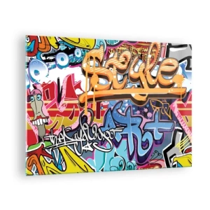Obraz na skle - Barevné graffiti s dynamickými nápisy a kresbami - 70x50cm - Nástěnné malby, nástěnné malby, nástěnné malby… - Moderní nástěnná dekorace do obývacího pokoje a ložnice ARTTOR