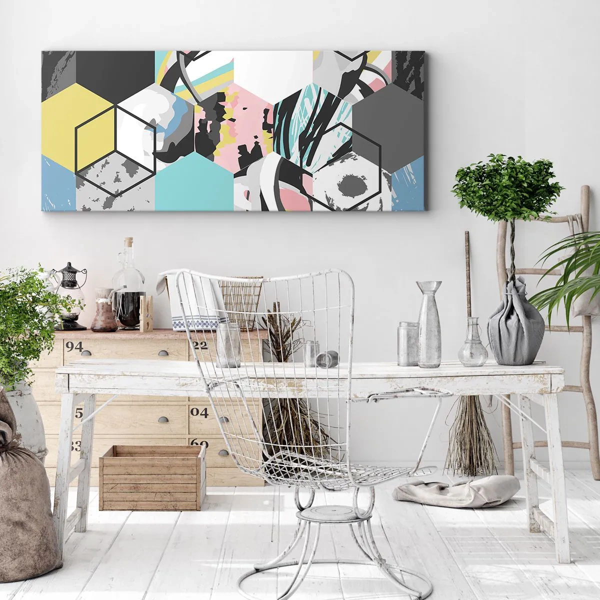 Obraz na plátně - Šestiúhelníky a krychle v šesti barvách - 160x50 cm