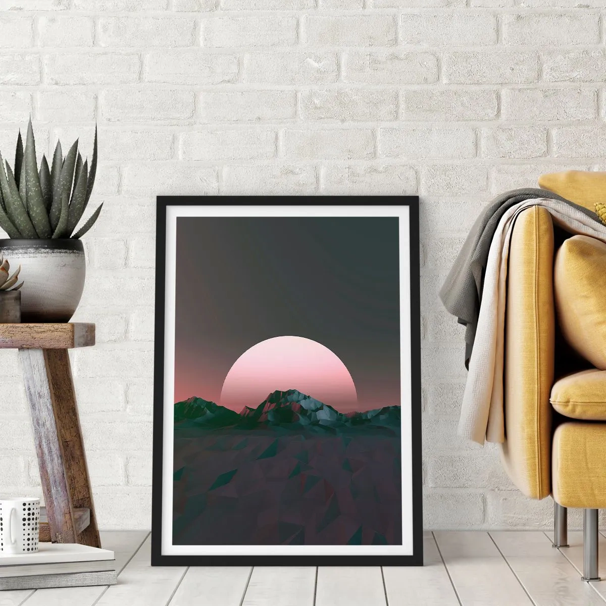 Plakát v černém rámu - Fantastická krajina s růžovým měsícem a horami - 50x70cm - V sousední galaxii - Moderní nástěnná dekorace do obývacího pokoje a ložnice ARTTOR