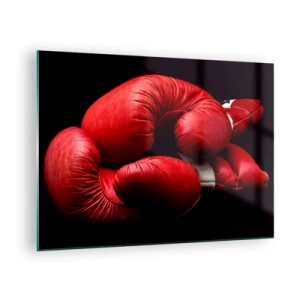 Obraz na skle - Červené boxerské rukavice na černém pozadí - 70x50cm - Emoce války za námi - Moderní nástěnná dekorace do obývacího pokoje a ložnice ARTTOR