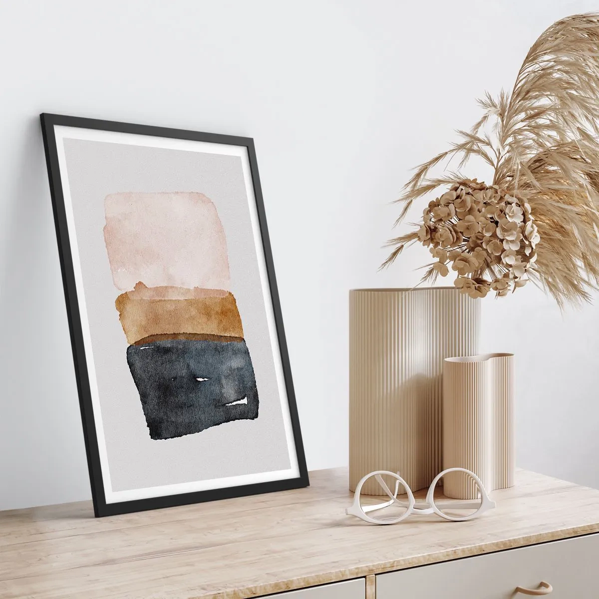 Plakát v černém rámu - Abstraktní akvarel v zemitých tónech - 50x70cm - Kompozice zemitých barev - Moderní nástěnná dekorace do obývacího pokoje a ložnice ARTTOR