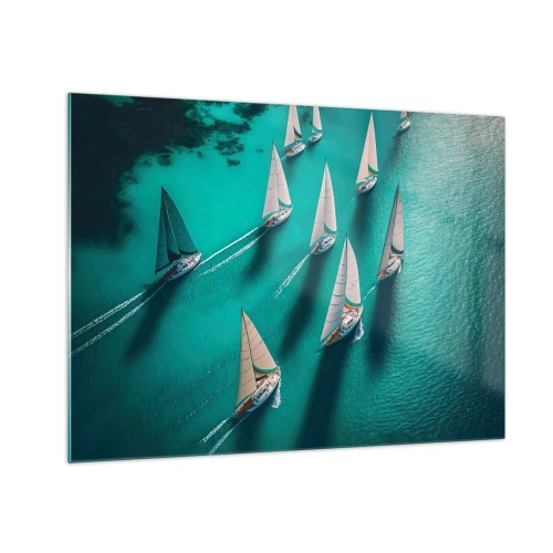 Obraz na skle - Plachetnice na tyrkysové vodě zachycené z ptačí perspektivy - 70x50cm - Zápasení s větrem - Moderní nástěnná dekorace do obývacího pokoje a ložnice ARTTOR