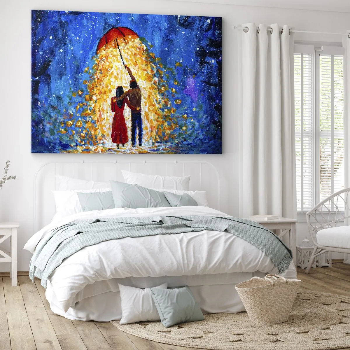 Obraz na plátně - Pár pod červeným deštníkem v zářícím dešti - 70x50cm - Magie deštivého večera? - Moderní nástěnná dekorace do obývacího pokoje a ložnice ARTTOR