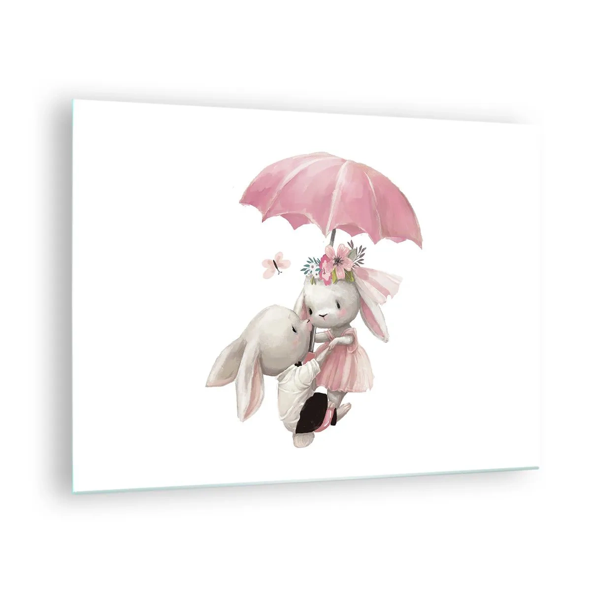 Obraz na skle - Dva králíci pod růžovým deštníkem v romantické scéně - 70x50cm - To je láska - Moderní nástěnná dekorace do obývacího pokoje a ložnice ARTTOR