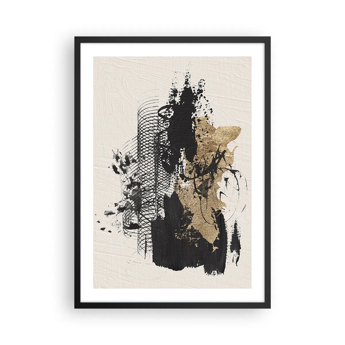 Plakát v černém rámu - Abstraktní kompozice v odstínech černé a zlaté - 50x70cm - Kompozice s vášní - Moderní nástěnná dekorace do obývacího pokoje a ložnice ARTTOR