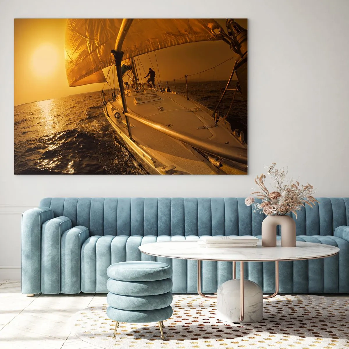 Obraz na skle - Plachetnice na pozadí zapadajícího slunce - 70x50cm - Zlatý večer po vícebarevném dni - Moderní nástěnná dekorace do obývacího pokoje a ložnice ARTTOR