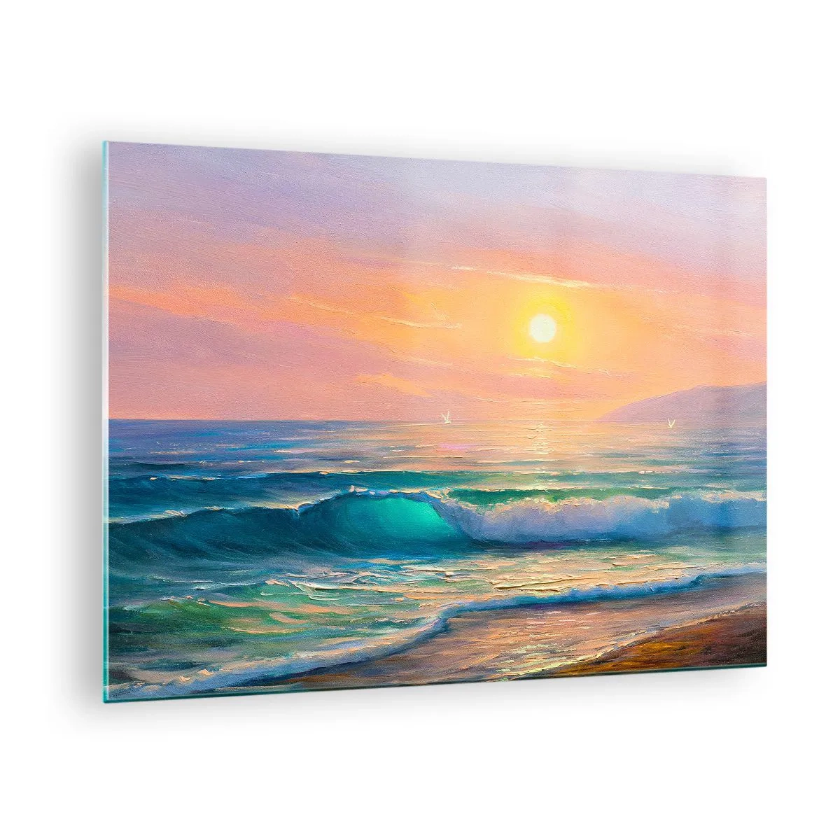 Obraz na skle - Mořská krajina s vlnami a západem slunce v tyrkysových odstínech - 70x50cm - Tyrkysová píseň vln - Moderní nástěnná dekorace do obývacího pokoje a ložnice ARTTOR