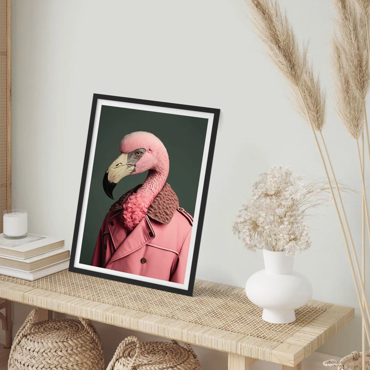 Plakát v černém rámu - Stylový plameňák v elegantním kabátě - 50x70cm - Skutečný elegán - Moderní nástěnná dekorace do obývacího pokoje a ložnice ARTTOR