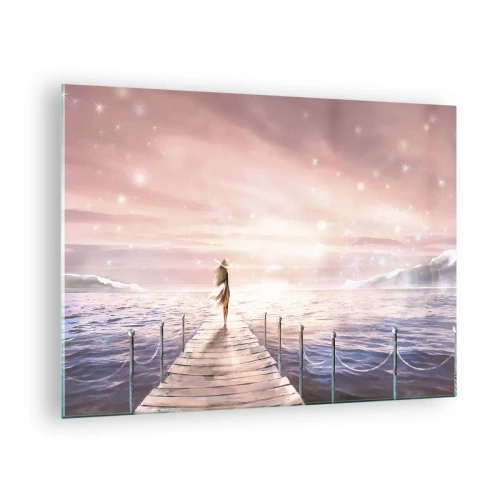 Obraz na skle - Žena na molu při západu slunce - 70x50cm - Ve světle snu - Moderní nástěnná dekorace do obývacího pokoje a ložnice ARTTOR