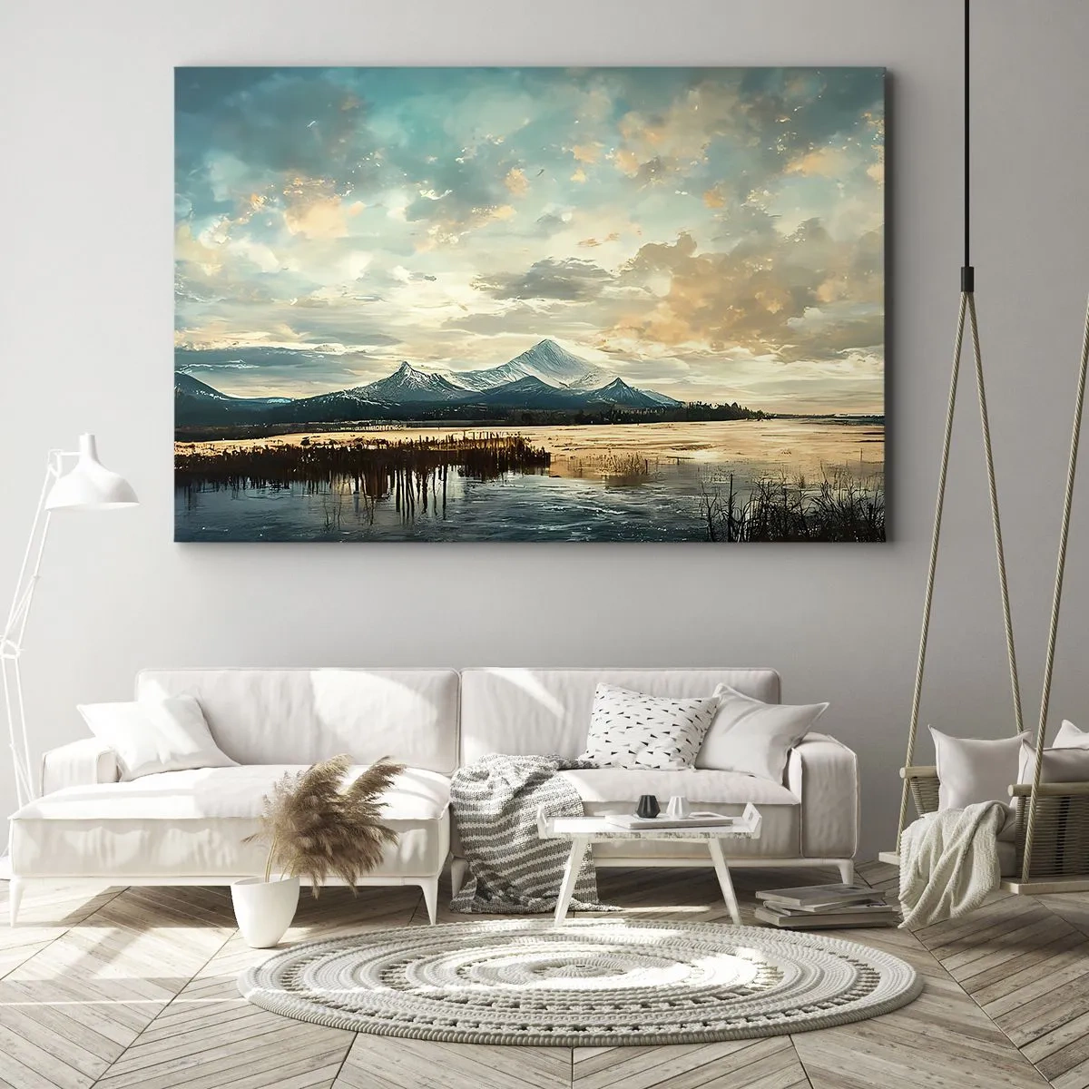 Obraz na plátně - Malebná krajina s horou a klidným jezerem - 70x50cm - Pod ochranou nebe - Moderní nástěnná dekorace do obývacího pokoje a ložnice ARTTOR