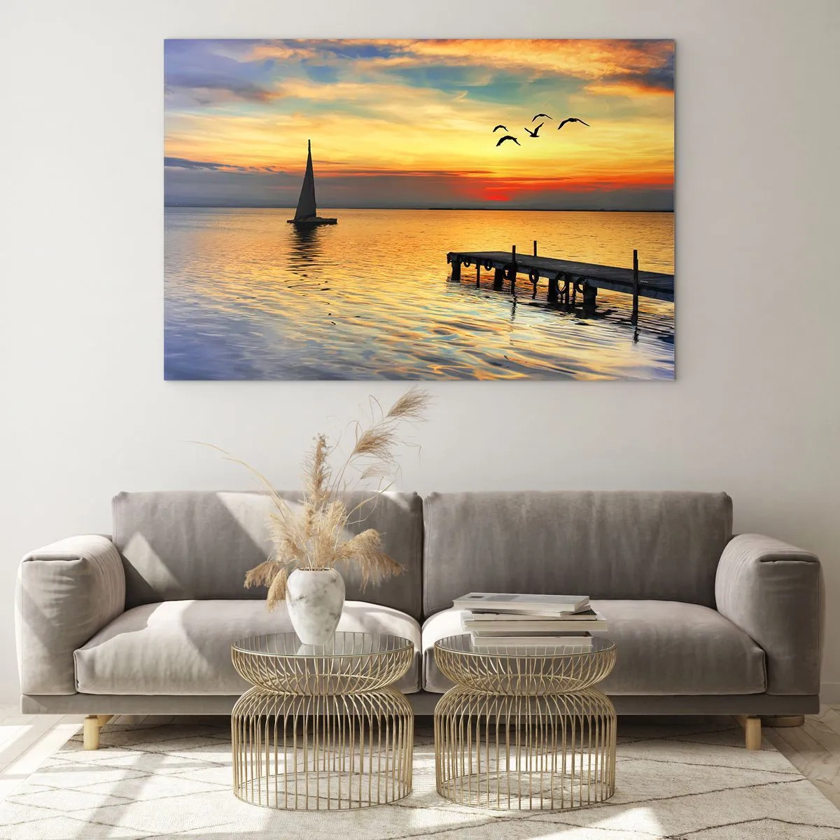 Obraz na skle - Plachetnice a molo při západu slunce na klidném jezeře - 70x50cm - Večerní návraty - Moderní nástěnná dekorace do obývacího pokoje a ložnice ARTTOR