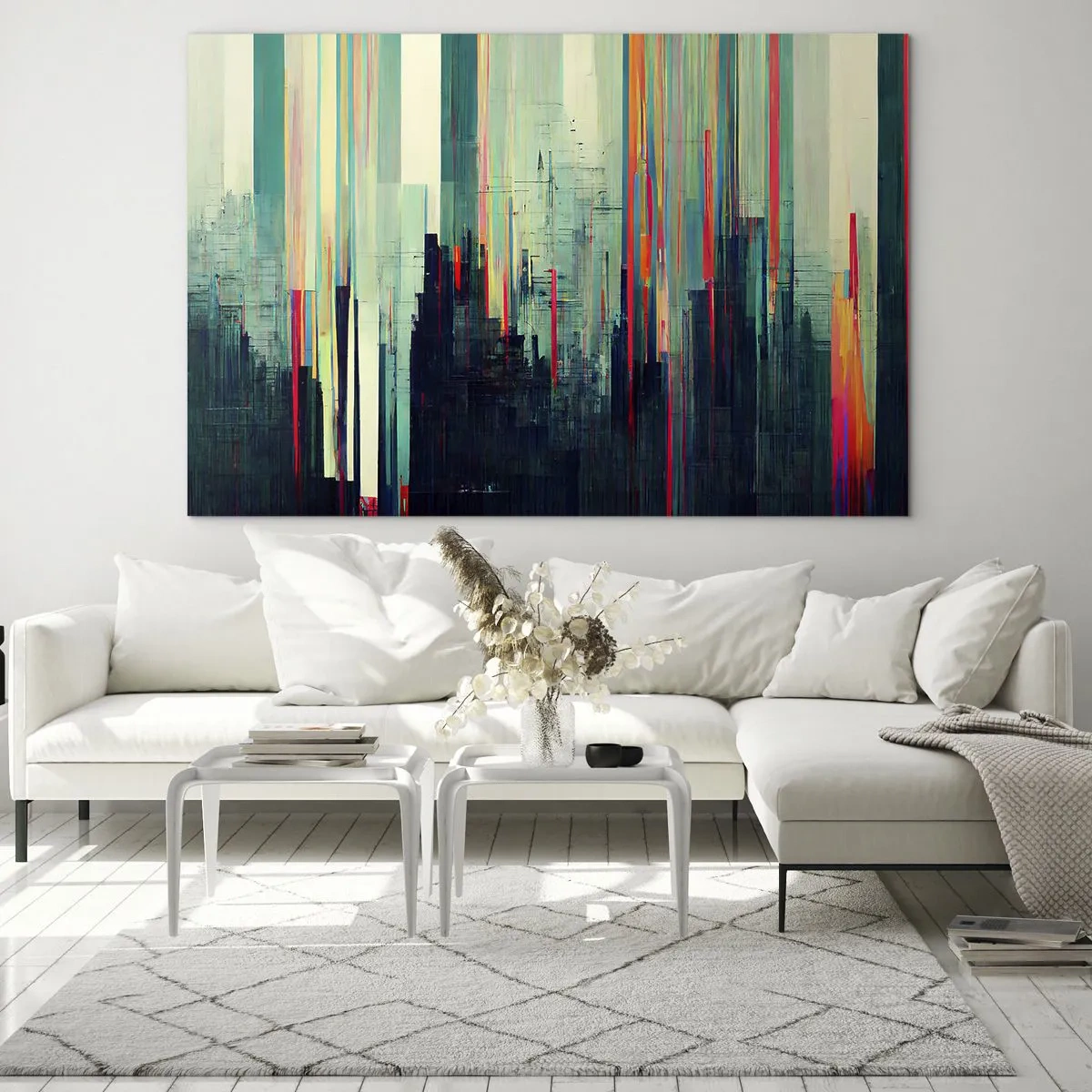 Obraz na skle - Svislé barevné čáry tvoří obrys futuristické metropole. - 70x50cm - Futuristické město - Moderní nástěnná dekorace do obývacího pokoje a ložnice ARTTOR