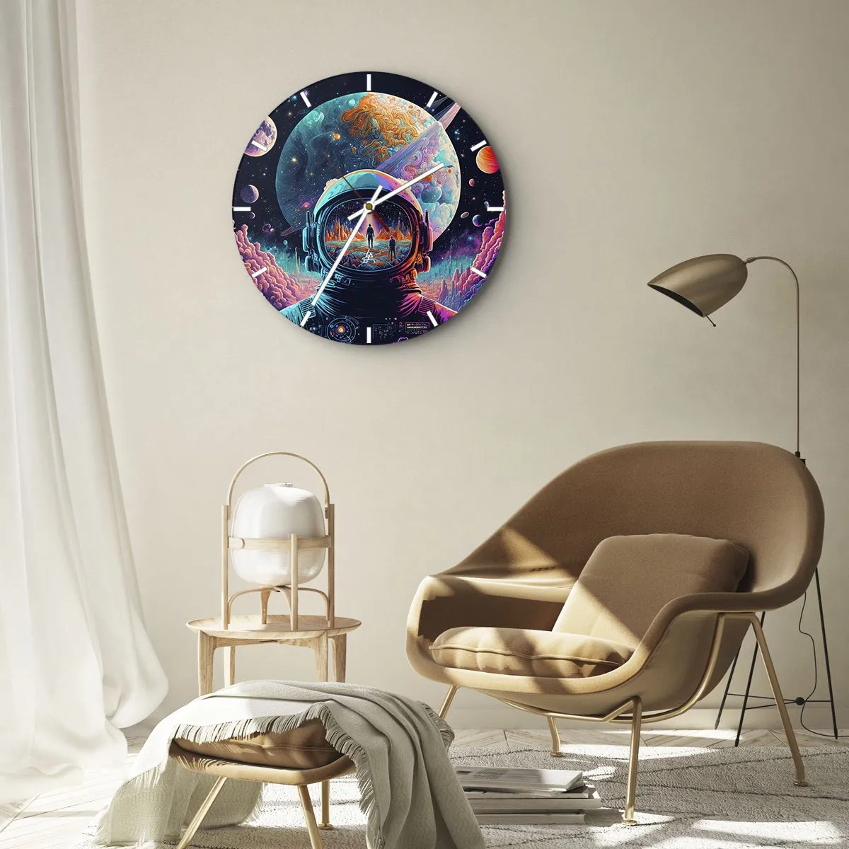 Nástěnné hodiny - Astronaut v barevném prostoru s odrazem planety - 30x30cm - Filosofům se to ani nesnilo - Moderní nástěnná dekorace do obývacího pokoje, kuchyně a ložnice ARTTOR