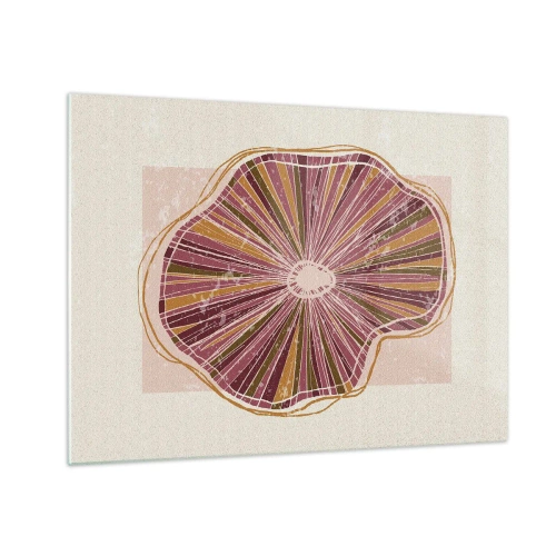 Obraz na skle - Zářivá organická forma v odstínech růžové a hnědé - 70x50cm - Radiální abstrakce - Moderní nástěnná dekorace do obývacího pokoje a ložnice ARTTOR