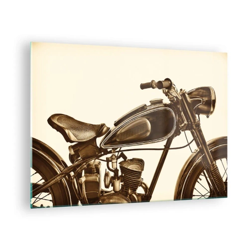 Obraz na skle - Stylový retro motocykl v sépiových tónech na světlém pozadí - 70x50cm - Stesk po klasice - Moderní nástěnná dekorace do obývacího pokoje a ložnice ARTTOR