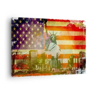 Obraz na plátně - Socha svobody na pozadí americké vlajky a panoramatu města - 70x50cm - Viva America! - Moderní nástěnná dekorace do obývacího pokoje a ložnice ARTTOR