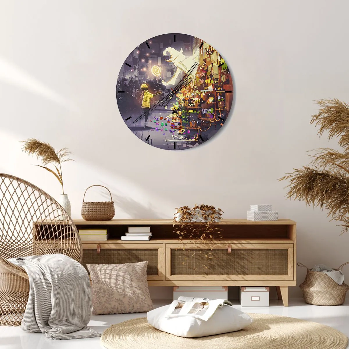Nástěnné hodiny - Fantastický obraz s kouzelníkem a dítětem obklopeným barevnými světly. - 30x30cm - Kouzla existují - Moderní nástěnná dekorace do obývacího pokoje, kuchyně a ložnice ARTTOR